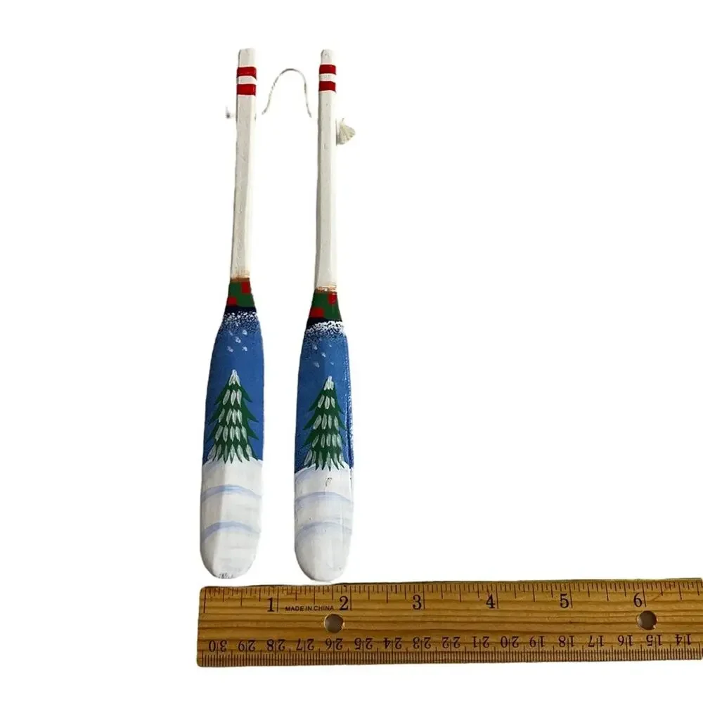 Vintage Wooden Canoe Oar Paddle Christmas Ornament Hand Painted Tree Pair Cabin